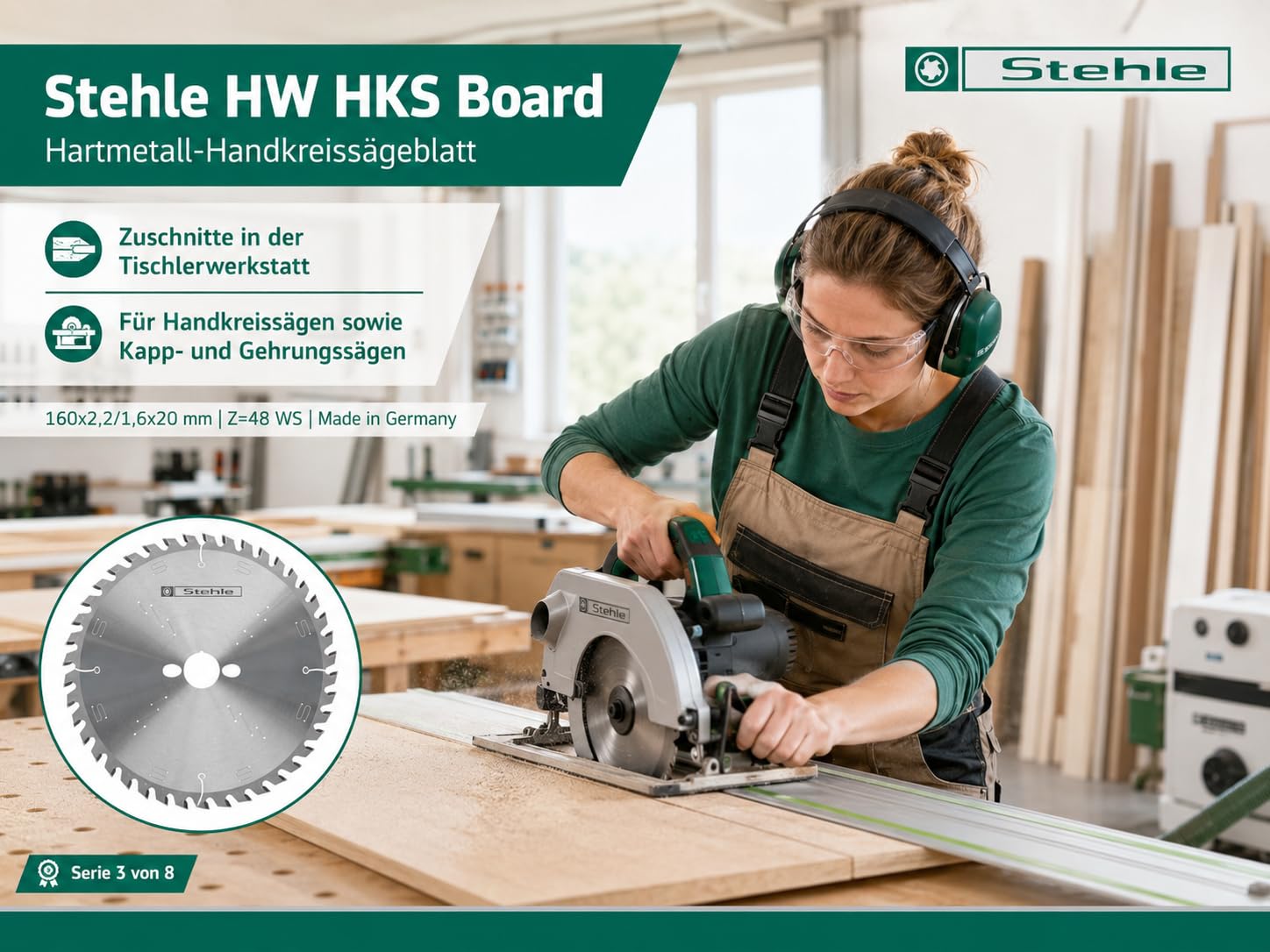 Hartmetall-Handkreissägeblatt 160 x 2,2/1,6 x 20 mm, 48 Zähne WZ, Made in Germany, für präzise Längs- und Querschnitte in Holzwerkstoffen mit Handkreissägen, Kapp- und Gehrungssägen.