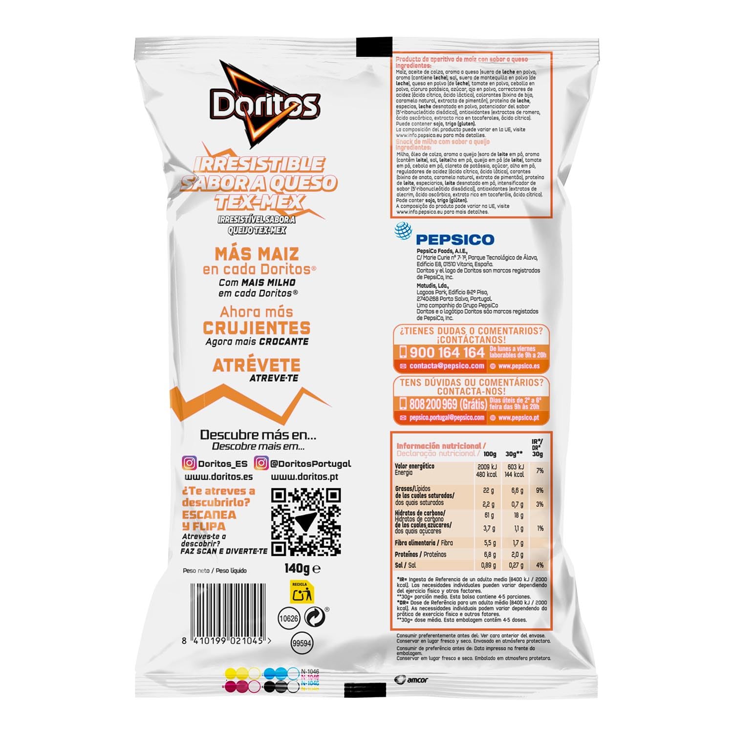 DORITOS Tex Mex Nachos de Maíz Sabor Queso para Aperitivo y Fiestas, Bolsas Individuales de 140 g, Pack de 15