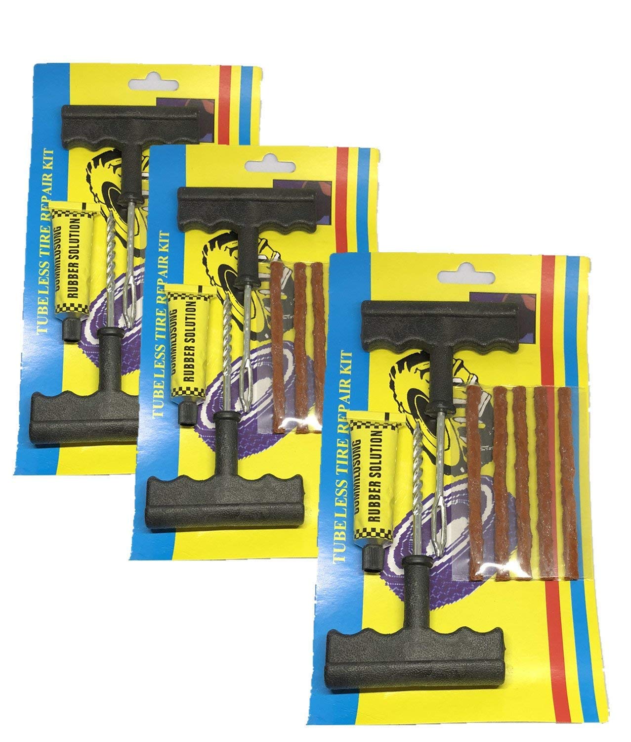 Pack of 3 Tubeless Tire Repair Kit, T-Handle Tire Repair Plugs 8 Piece Includes A Tire Rasp, Insertion Tool, Rubber Cement, And 5 Plug Strips