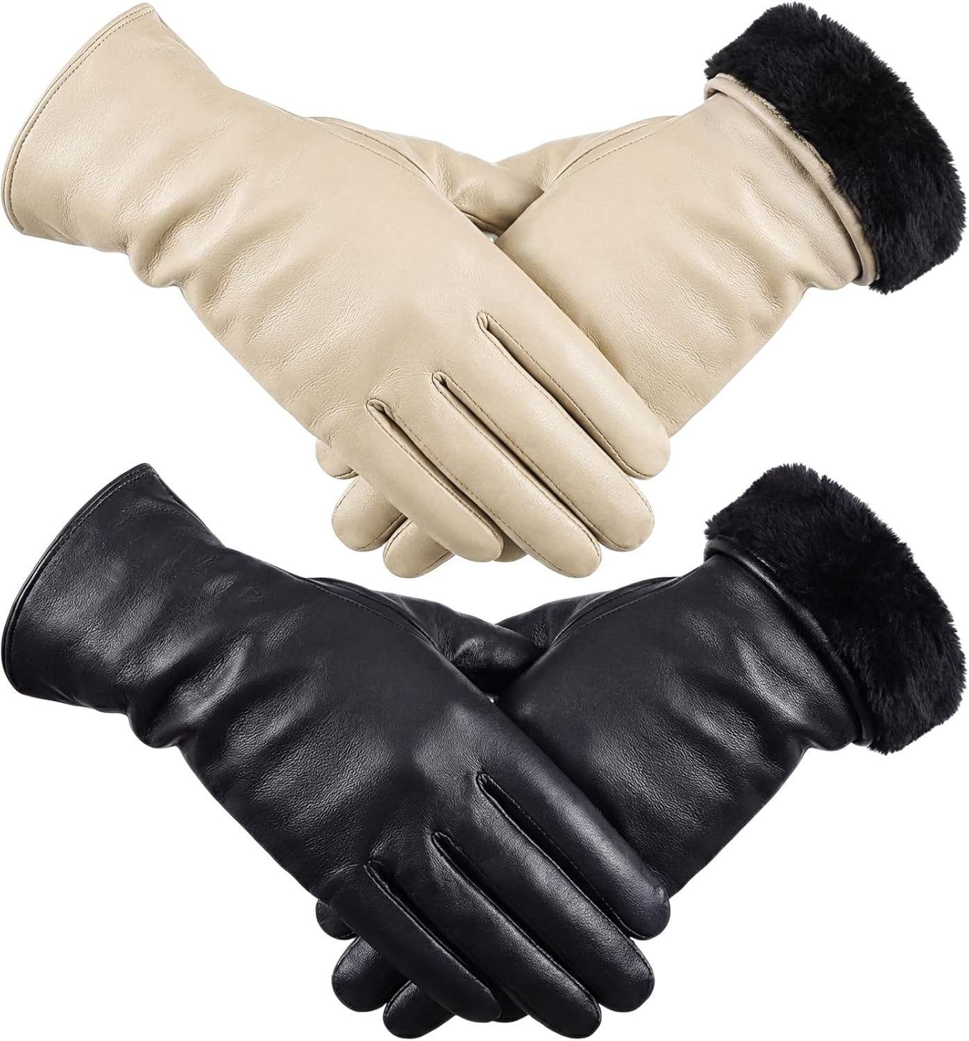 Cuffbow 2 Pairs Women's Lambskin Leather Gloves Touch Screen Warm Fleece Lining Driving Winter Gloves for Cold Weather, M-L