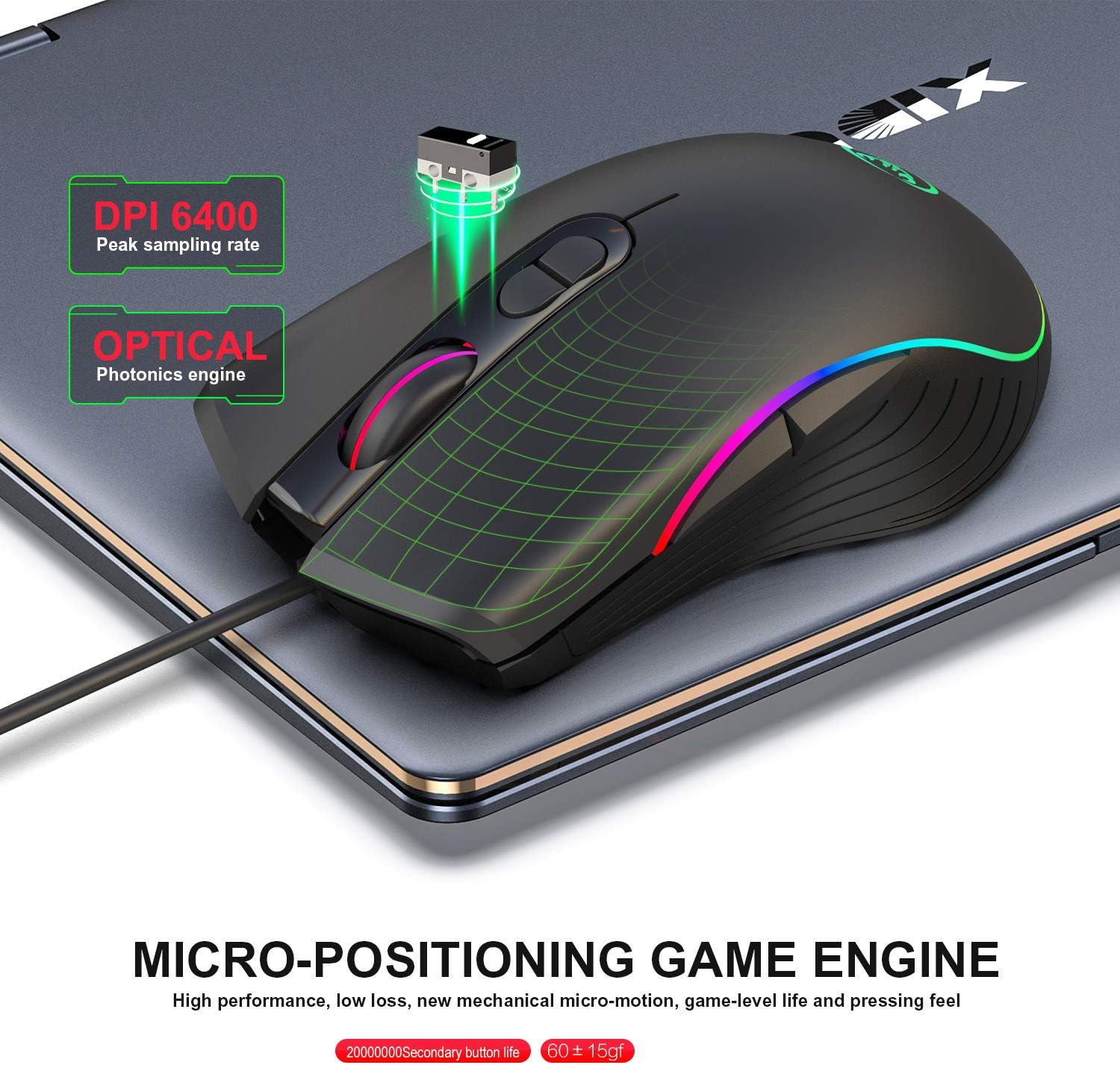 Exploded view or cutaway showing various features of the UINO A867 mouse, including the game non-slip wheel, DPI settings, multi-color backlight, 20 million cycle switch life, bump anti-slip flank, and RGB Marquee effect.