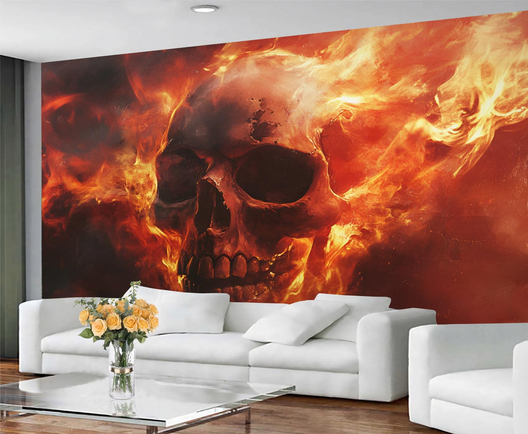 GIVLWF Wallpaper - Skull Home Decor & Mural, Flaming Skull Bedroom Wallpaper, Wall Paper for Living Room, Large Wall Mural - Not Self-Adhesive, Gothic Style