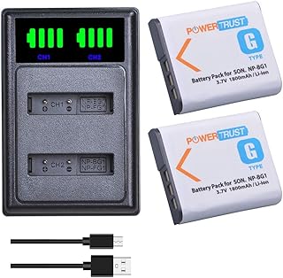 PowerTrust 2Pcs 1800mAh NP-BG1 NP-FG1 Battery + Charger with type-C port for Sony Cyber-shot DSC- W100, W120, W150, W220, T20 T100 T25, DSC-H3, H7, H9, H10, H20, DSC- H50, DSC-H55