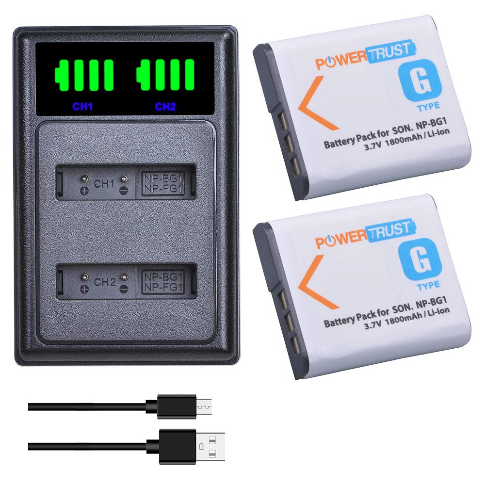 2Pcs 1800mAh NP-BG1 NP-FG1 Battery + Charger with type-C port for Sony Cyber-shot DSC- W100, W120, W150, W220, T20 T100 T25, DSC-H3, H7, H9, H10, H20, DSC- H50, DSC-H55