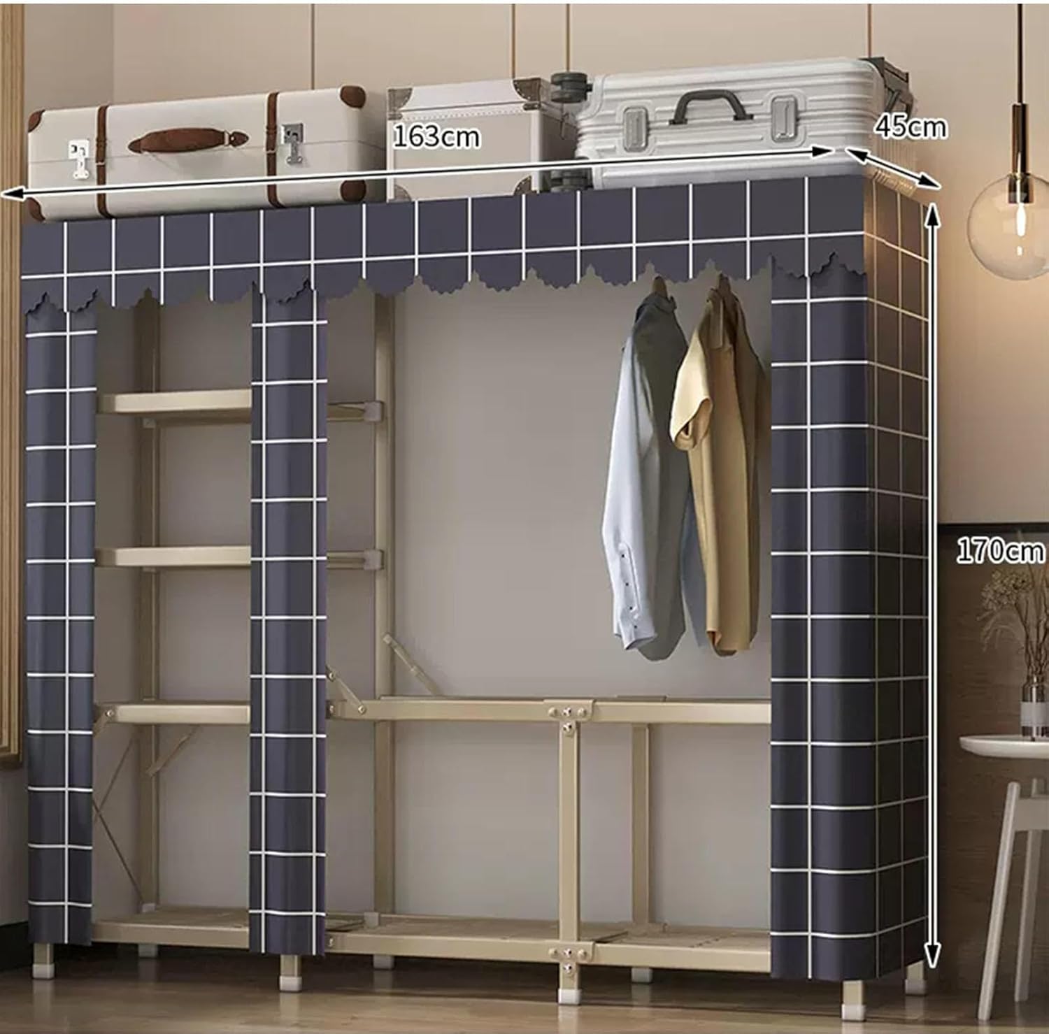 Wardrobe, Canvas Wardrobe, Portable Wardrobe Shelves, Foldable Closet with Hanging Rail and Fabric Cover, Closet for Bedroom,F-163x45x170cm
