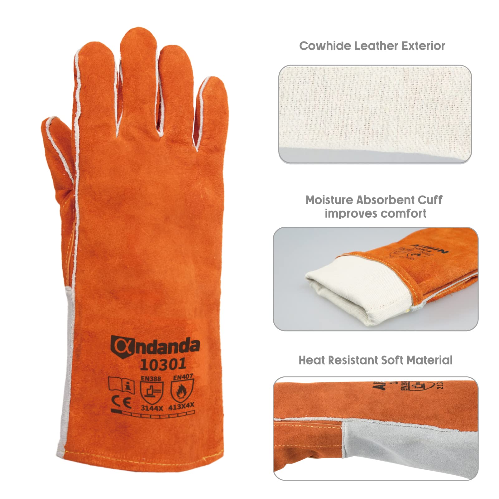 ANDANDA Gants de soudure en cuir forgé,33 cm,Résistants à la chaleur et au feu, les étincelles et les projections de soudure,Fonctionnent parfaitement pour les soudeurs