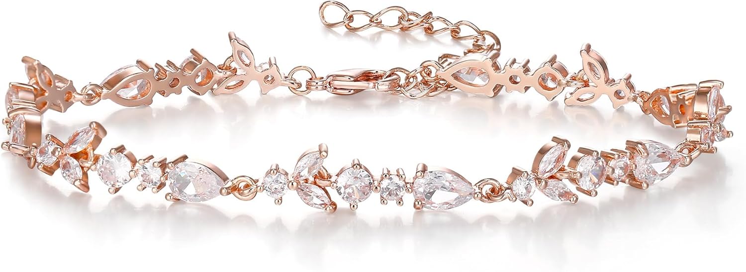 Crysdue Wedding Bridal Link Bracelet for Brides Bridesmaids, Marquise Cubic Zirconia Tennis Bracelets for Women Prom Jewelry
