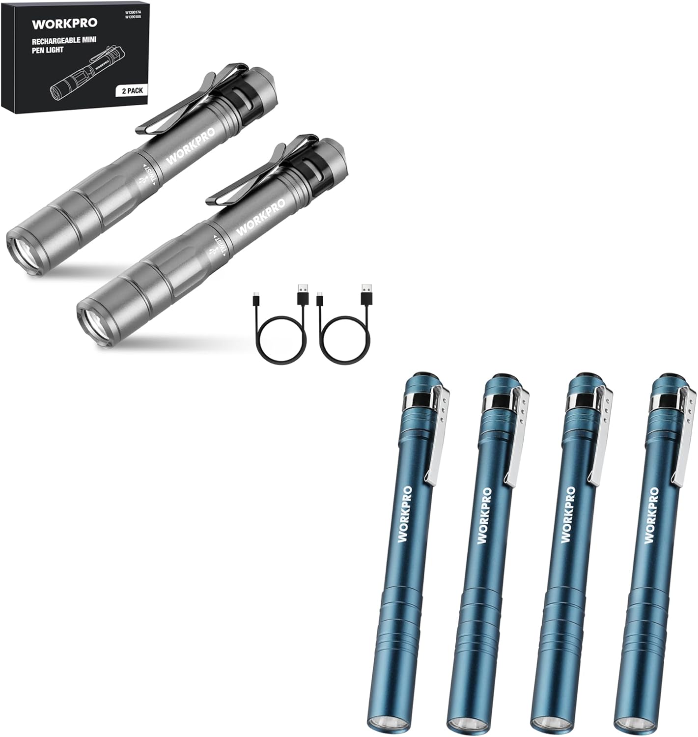 WORKPRO 2 Pack Rechargeable Pen Light & 4 Pack Pen Light (Batteries