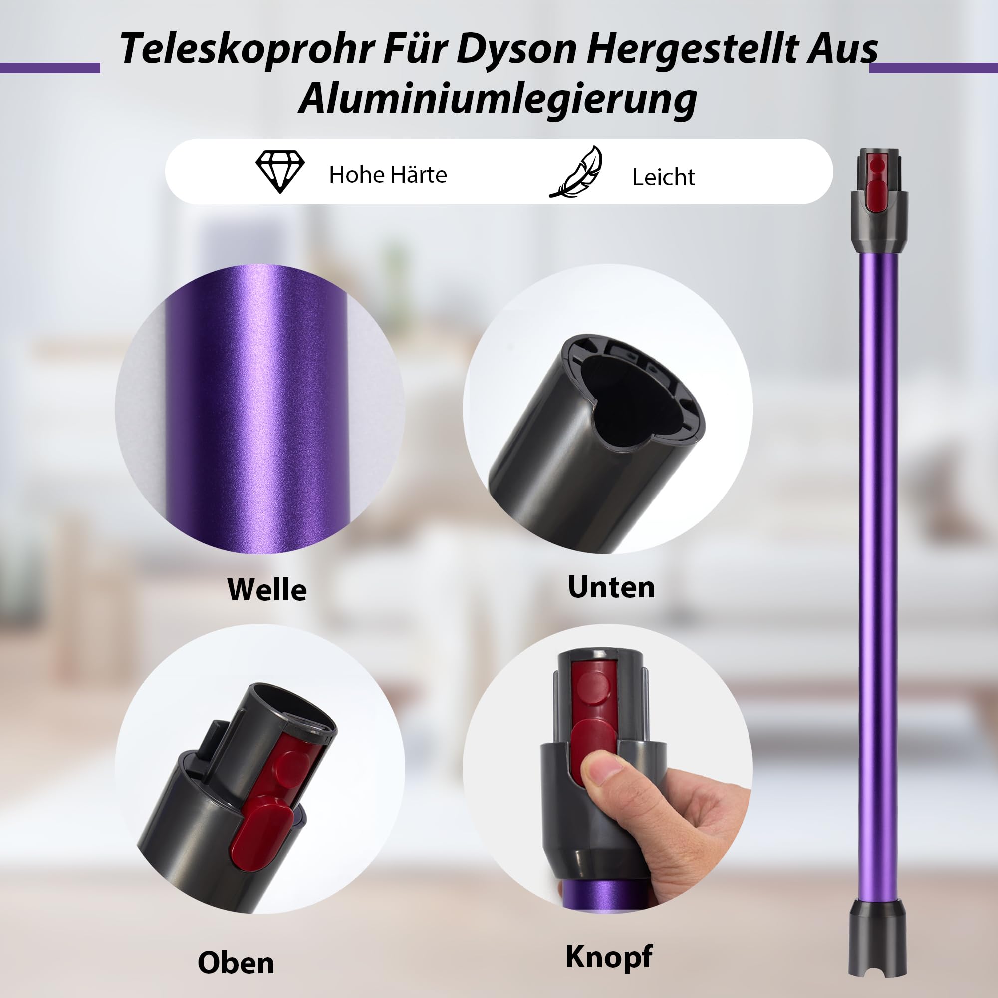 Verlängerungsrohr kompatibel mit Dyson V7 V8 V10 V11 V15 - Ersatz Teleskop-Saugrohr für Dyson, Starres Verlängerungsstange mit 2-in-1 Bürste, Zubehör für Staubsauger, Lila