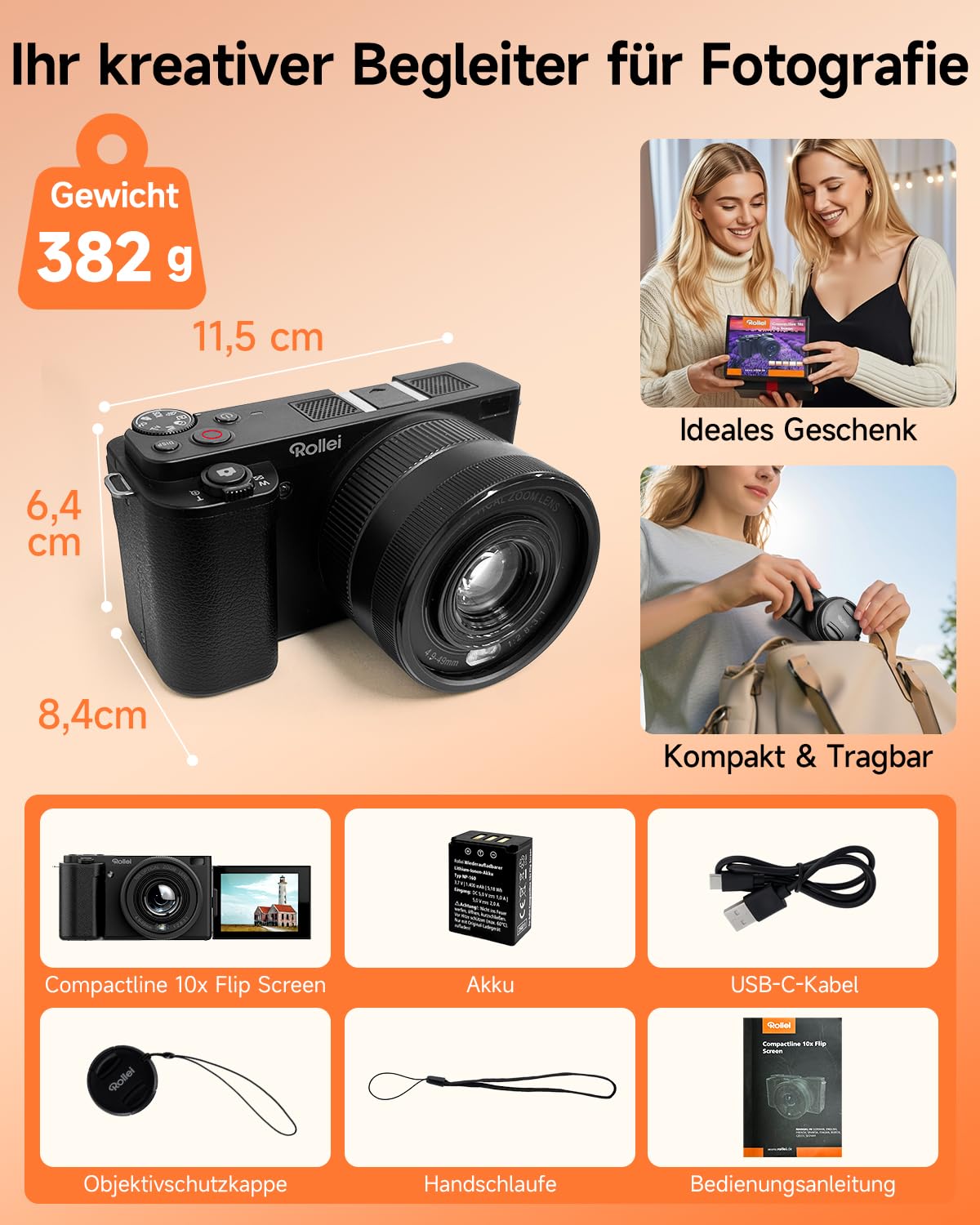 Rollei 64MP 4K Digitalkamera Compactline 10X Flip Screen 10X Optischer Zoom | Fotokamera mit 180° Dreh- & Schwenkbares 2,88" Display für Selfie Vlogging Fotoapparat Tragbar für Teens Anfänger Schwarz