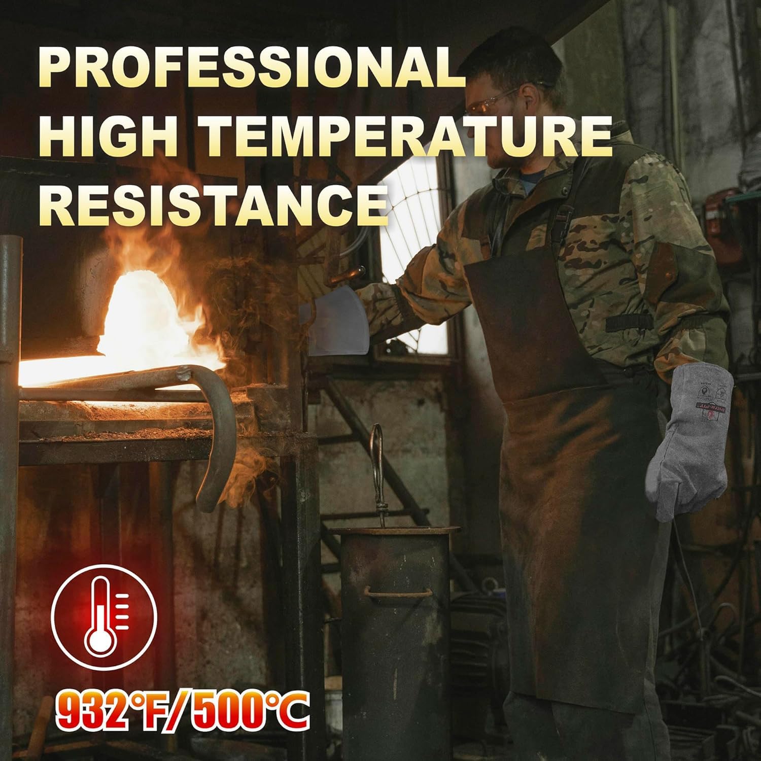 Guanti da barbecue in pelle, resistenti al calore fino a 500 °C, in pelle bovina ignifuga, EN407 & EN388, scaldamuscoli lunghi per forno, focolai, saldatura, forgiatura, barbecue e vigili