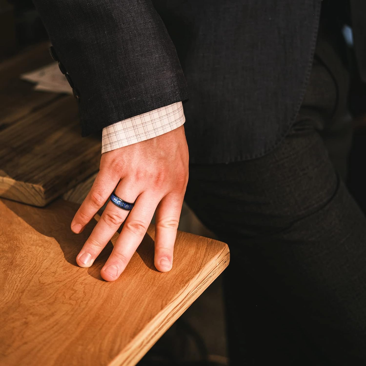 TRUMIUM 8mm Tungsten Rings for Men Women Silver Blue Rose Gold Black Tungsten Wedding Band Gear Steampunk Wheel Carbon Fiber Ring Comfort Fit Size 6-13 - Image 4