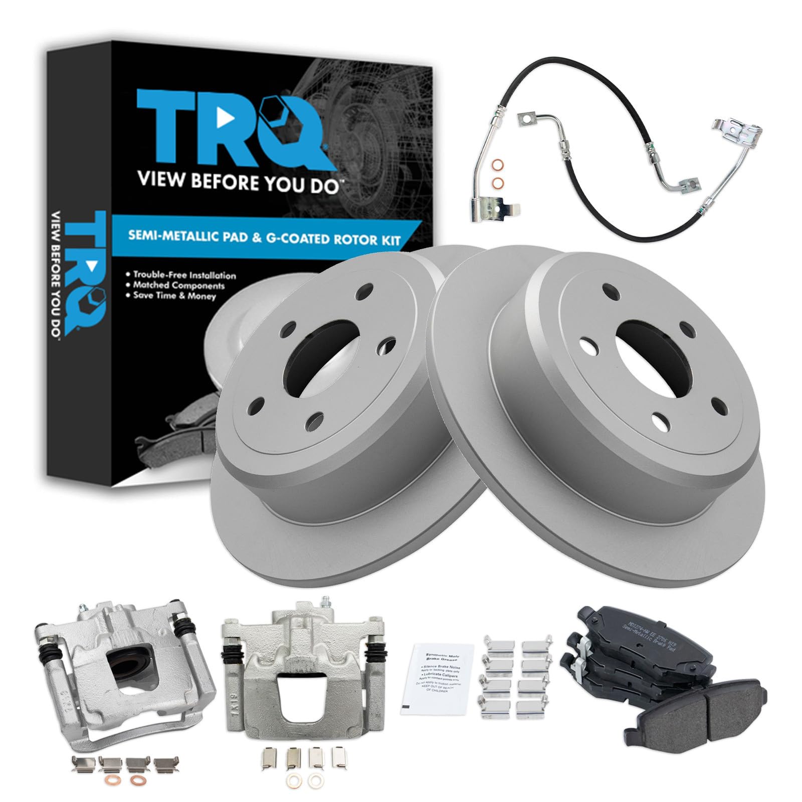 TRQ Rear Brake Pad and Rotor Set Semi Metallic Coated Rotors Calipers Compatible with 2008-2012 Jeep Wrangler