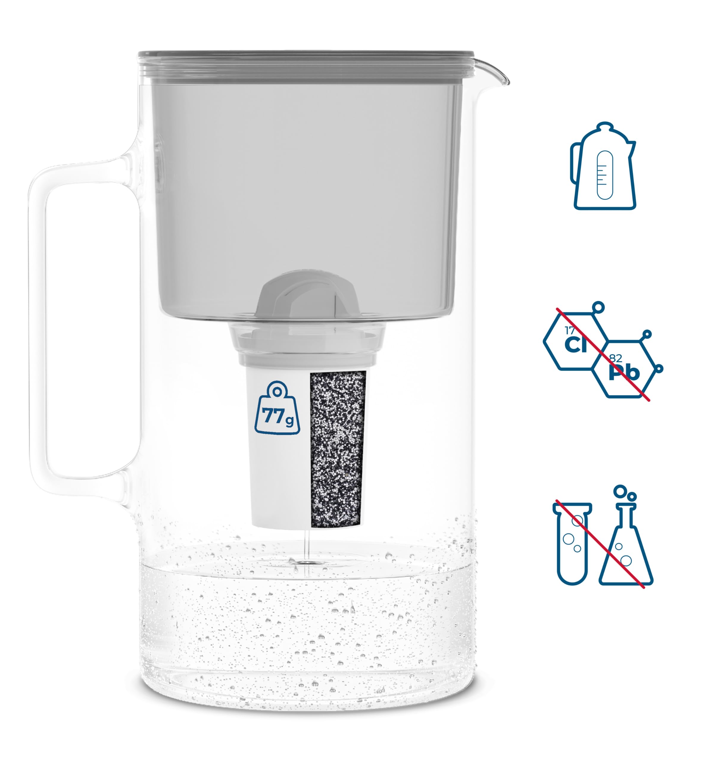 Wessper Jarra Filtradora de Agua de Vidrio 3 L | Reemplazo para Aquaphor Standard, Brita Classic, Dafi Classic | 1 Filtro de Agua AquaClassic + 5 Filtros ActiveDisc | Gris