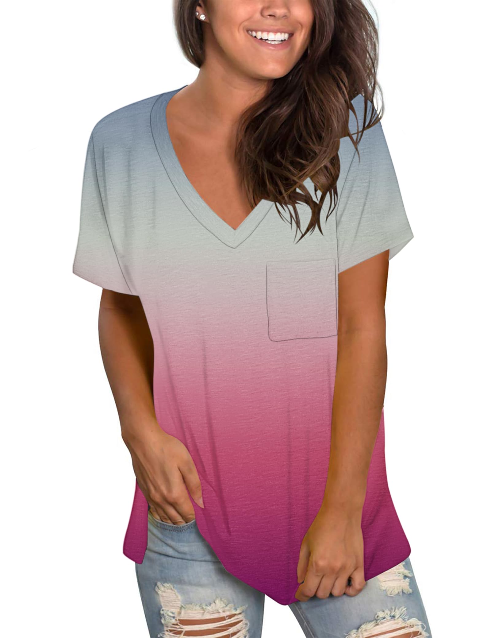 MOLERANI Womens T Shirts Short Sleeve V Neck Loose Summer Tees Basic Tops with Pocket Gradient Gray Pink 2XL