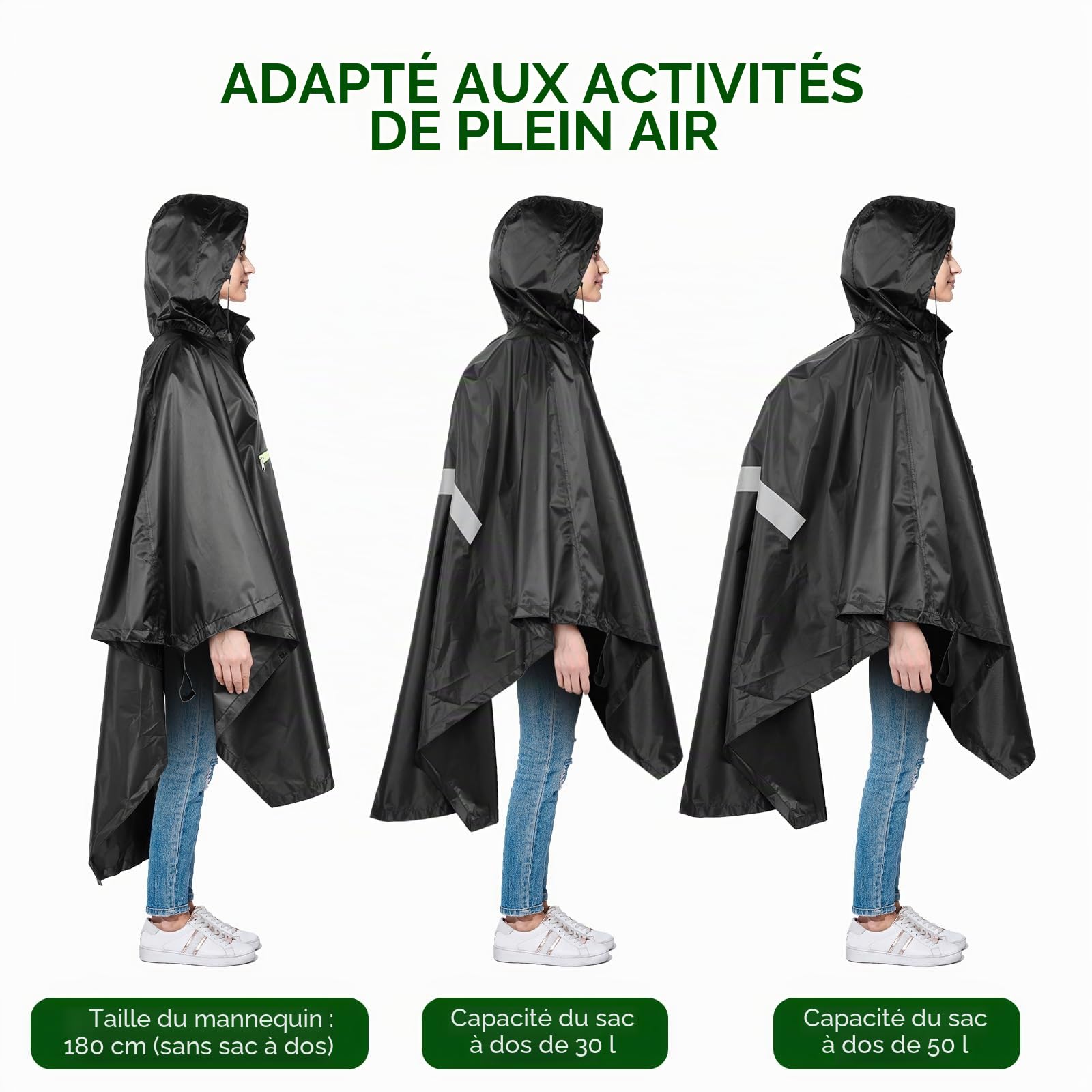 AiQInu Poncho Pluie Imperméable avec Manches Ventilées, Poche à Capuche, Bandes Réfléchissantes, Légère et Réutilisable, Pour le Camping, la Randonnée, l'Extérieur et l'Utilisation Quotidienne