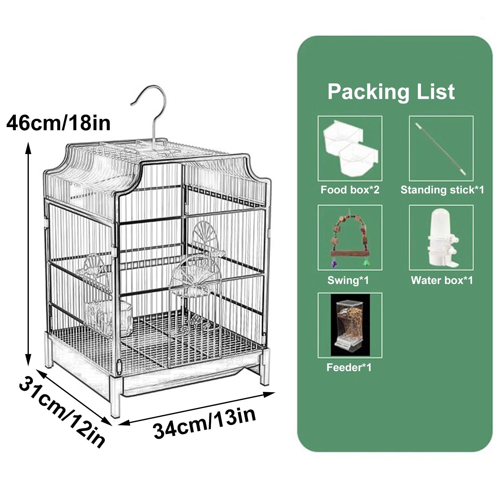 Jaula para Pájaros Pequeños, Jaula para Loros, Agapornis Jaula, Jaula para Periquitos, Comedero, Caja de Comida, Caja de Agua, Columpio, para Periquitos, Agapornis, Cotorras(Black)
