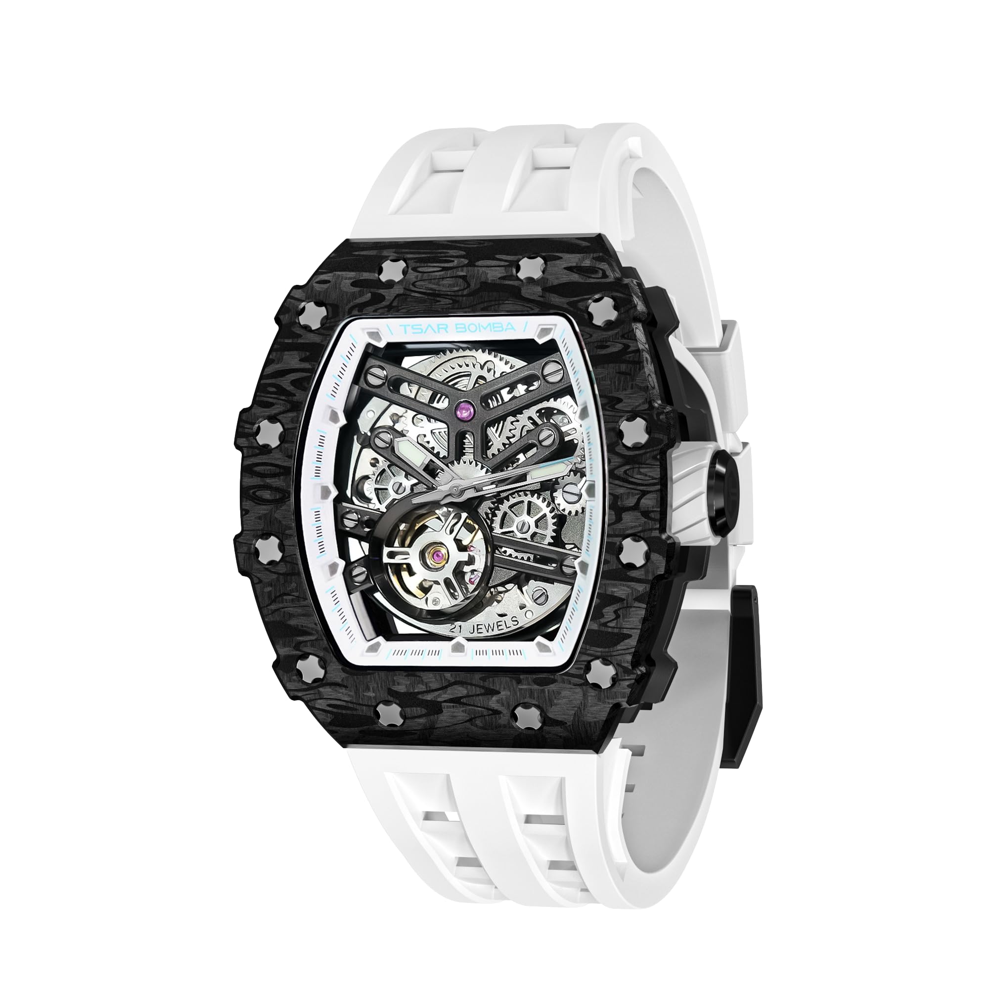 TSAR BOMBAMen's Automatic Watch Tonneau Luxury Skeleton Watches for Men Mechanical 50M Waterproof Analogue Watches Mens Unique Cool Silver Square Big Face Dial Wristwatch with Silicone Strap Band