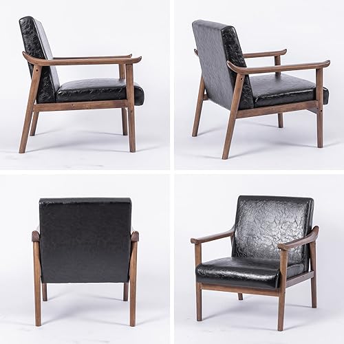 Miniatura 14 de UNICOO - Sillón decorativo de piel sintética con marco de madera maciza. Silla de lectura moderna de mediados de siglo para sala de estar dormitorio