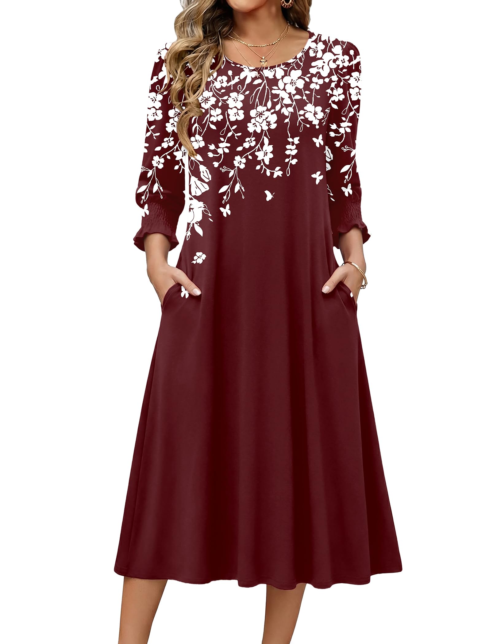 Zeagoo Summer Dresses for Women 2026 3 4 Sleeve Dress for Women Floral Midi Dresses for Casual Womens