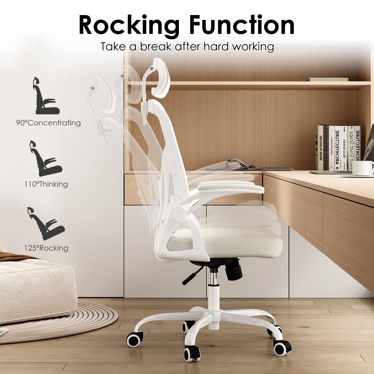 Farini Sedia ergonomica con bracciolo, sedia da scrivania da ufficio con ruote, comoda sedia da casa, ufficio, bianco