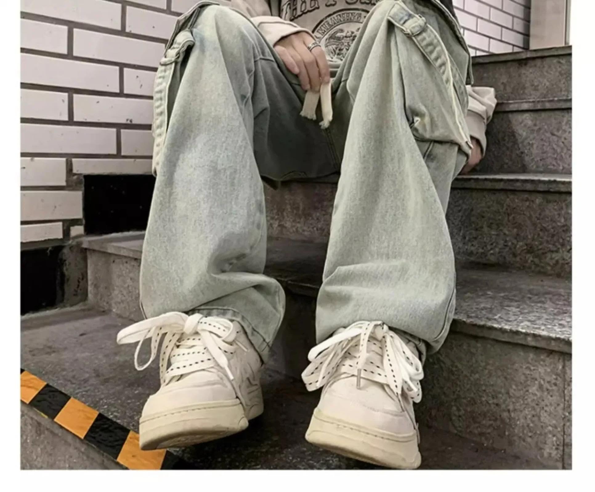 Jeans Pantalon Herren-Jeans Mit Mehreren Taschen Locker Gerade Weit Beine Lange Hosen Mit Weiten Belägen