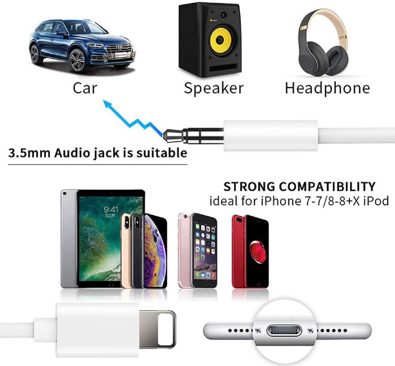 [Apple MFi Certified] iPhone AUX Cord for Car Stereo, Assrid 2 Pack Lightning to 3.5mm Audio Cable Compatible for iPhone 12/11/XS/XR/X/iPad/iPod to Speaker/Home Stereo/Headphone, Support iOS 14(White)