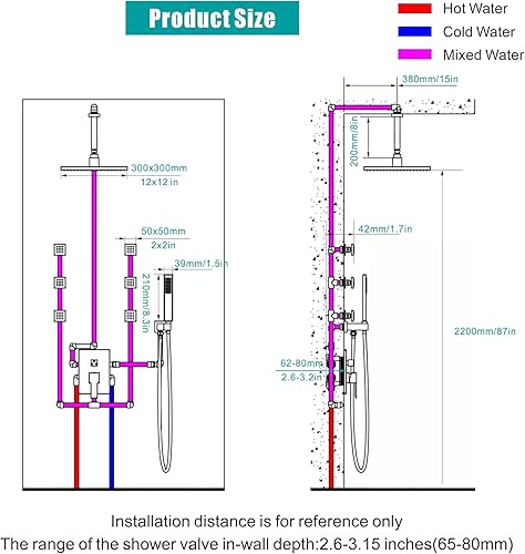 Miniatura 35 de SKOWLL Grifo de ducha de lluvia con 6 rociadores de chorro de cuerpo completo, cabezal de ducha de lluvia LED de 12 pulgadas con combo de rociador