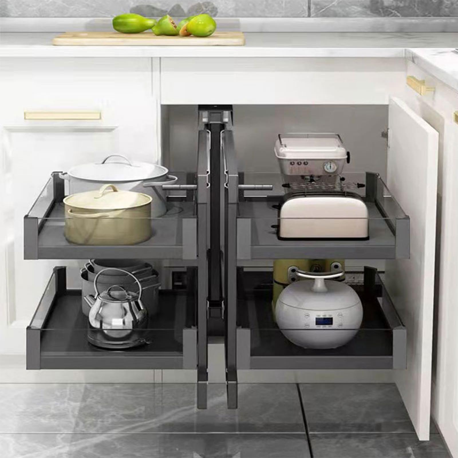 Ausziehbarer Eckorganizer für Küche mit 4 Körben, für linke & rechte Türen (ab 405mm), 2-stufiges Schienensystem, Unterbau-Montage, platzsparend für Familie