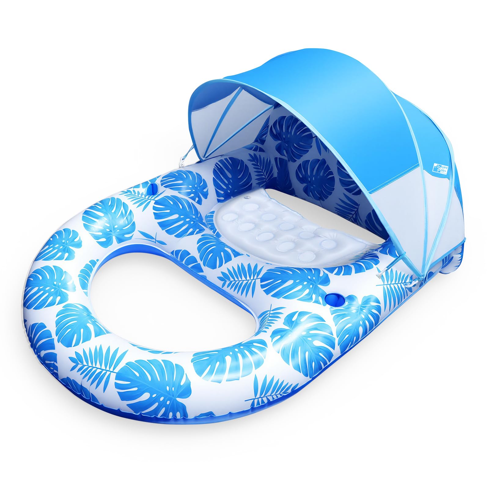 Flotador Tipo Tumbona con Toldo UPF50+, 140x110CM Extra Grande para Adultos, Resistente, Inflable con Posavasos y Soporte para Móvil, Respaldo y Reposapiés