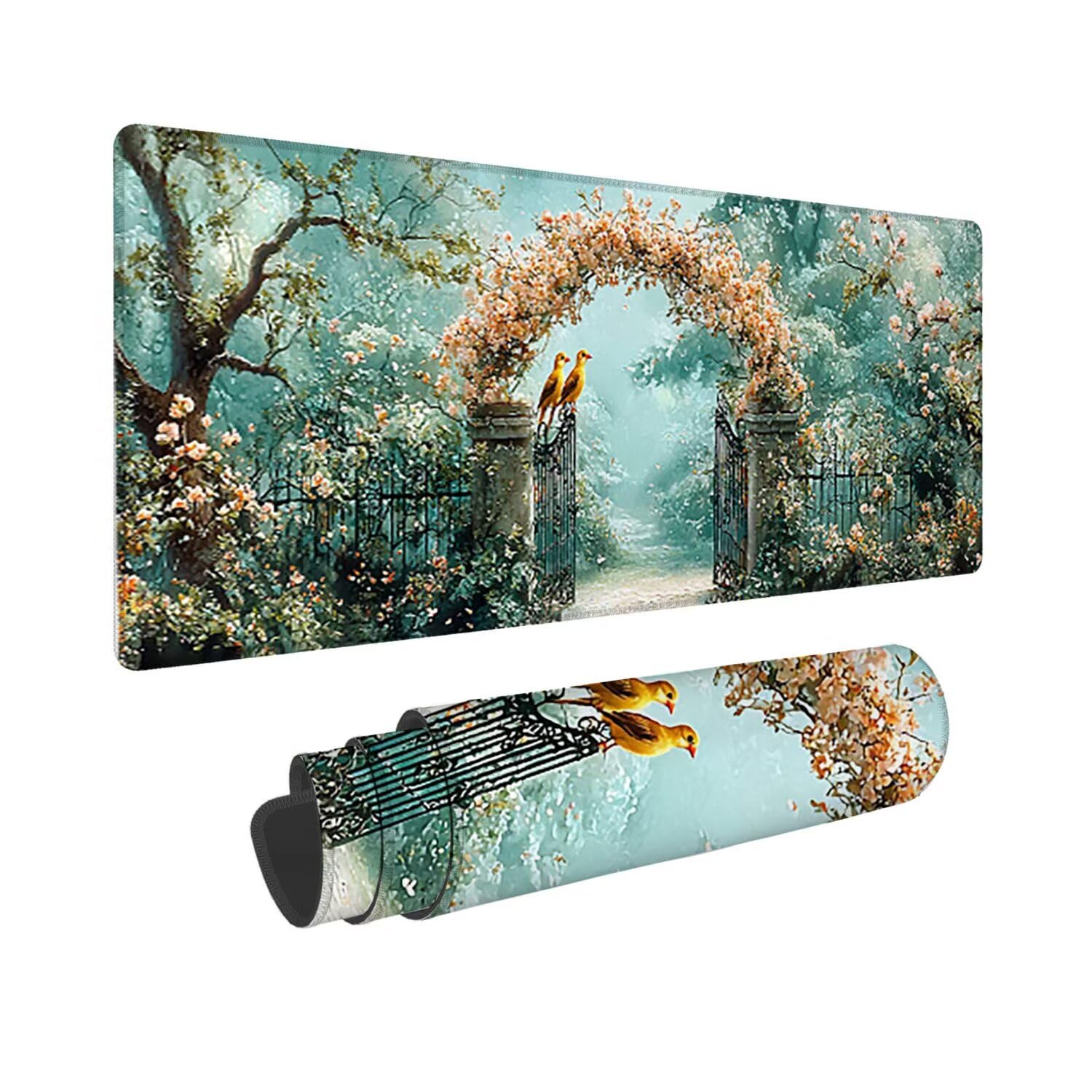 Podkładka pod mysz do gier XXL duża mysz 1200 x 500 mm, duża podkładka pod biurko z antypoślizgową gumową podstawą dla graczy, poprawia precyzję i szybkość (ogród ptaków) o-411