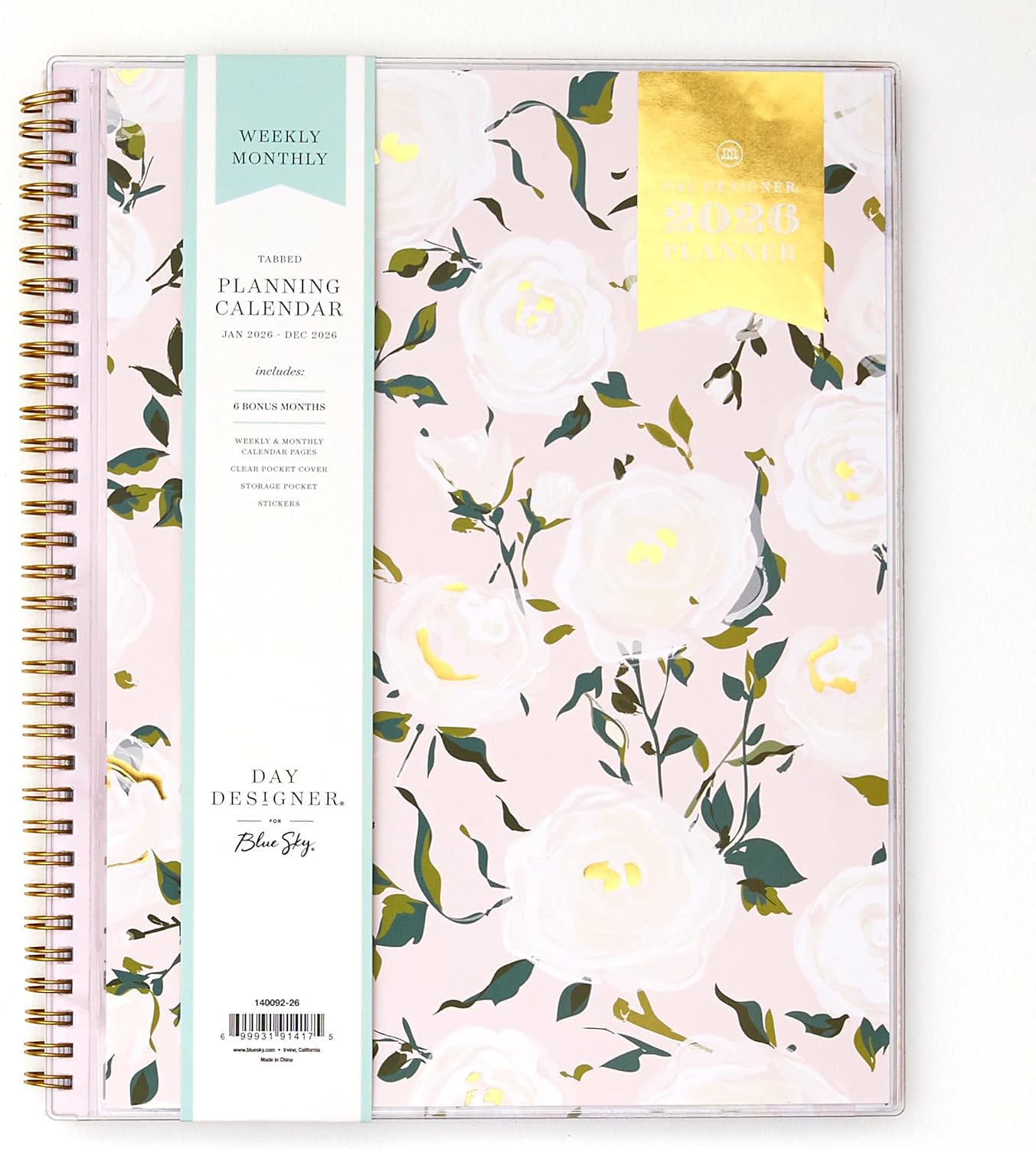 Blue Sky Day Designer 2026 Weekly and Monthly Planner Calendar, January 2026 - December 2026, 8.5" x 11", Clear Pocket Cover, Durable Twin Wire Binding, Includes Storage Pocket, Stickers, Coming Up Roses