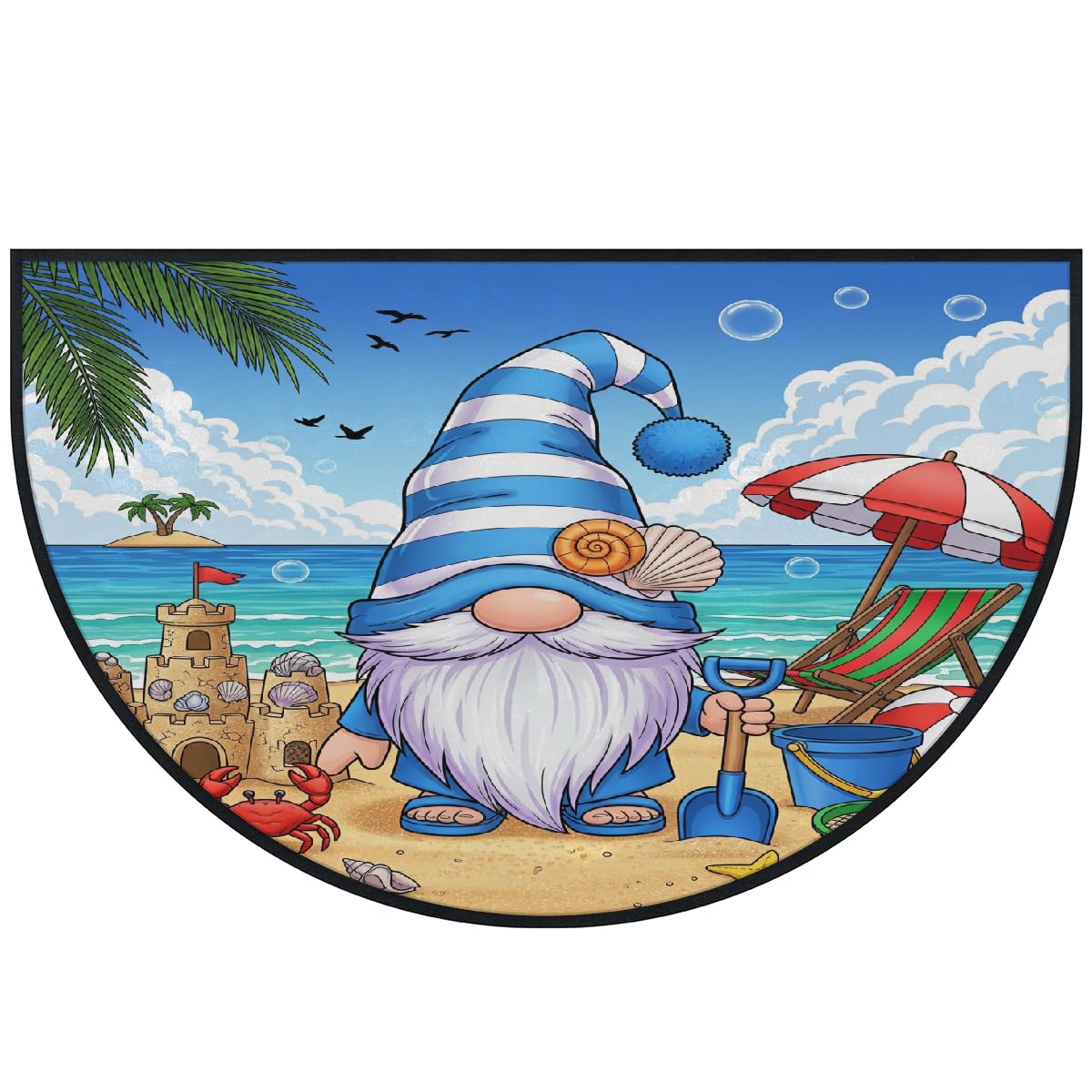 Große halbrunde Fußmatte – Strandzwerg, rutschfest, saugfähig, halbrund, Eingangsbereich, niedlich, weich, halbrund, waschbar, Teppich für Küche, Badezimmer, Schlafzimmer, 160 x 100 cm