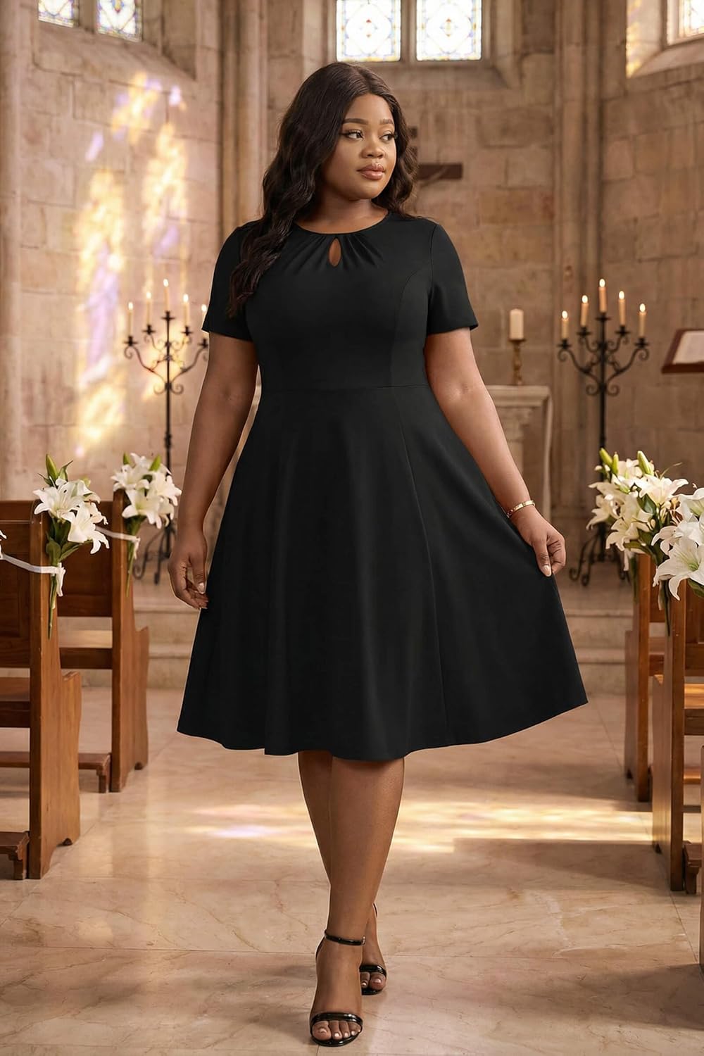 Nmoder Plus Size Dress for Women - Casual Short Sleeve Keyhole A-Line Church Work Summer Midi Dresses with Pockets - Image 2