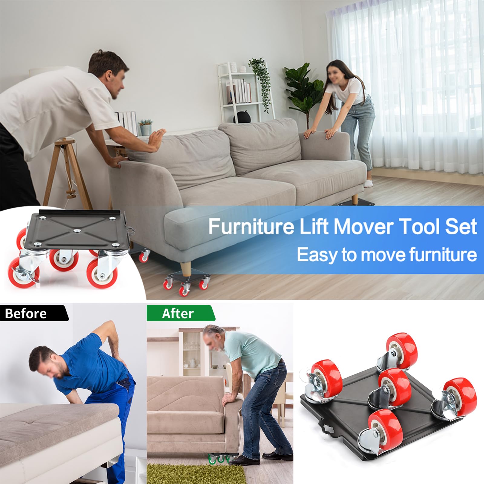 Kit Sollevatore Mobili, Spostare Mobili Pesanti, Kit Spostamento Mobili con Funzione di Parcheggio, Carico 1500 kg, con 5 Ruote Girevoli 360° per Spostamento Facile dei Mobili (Arancione)