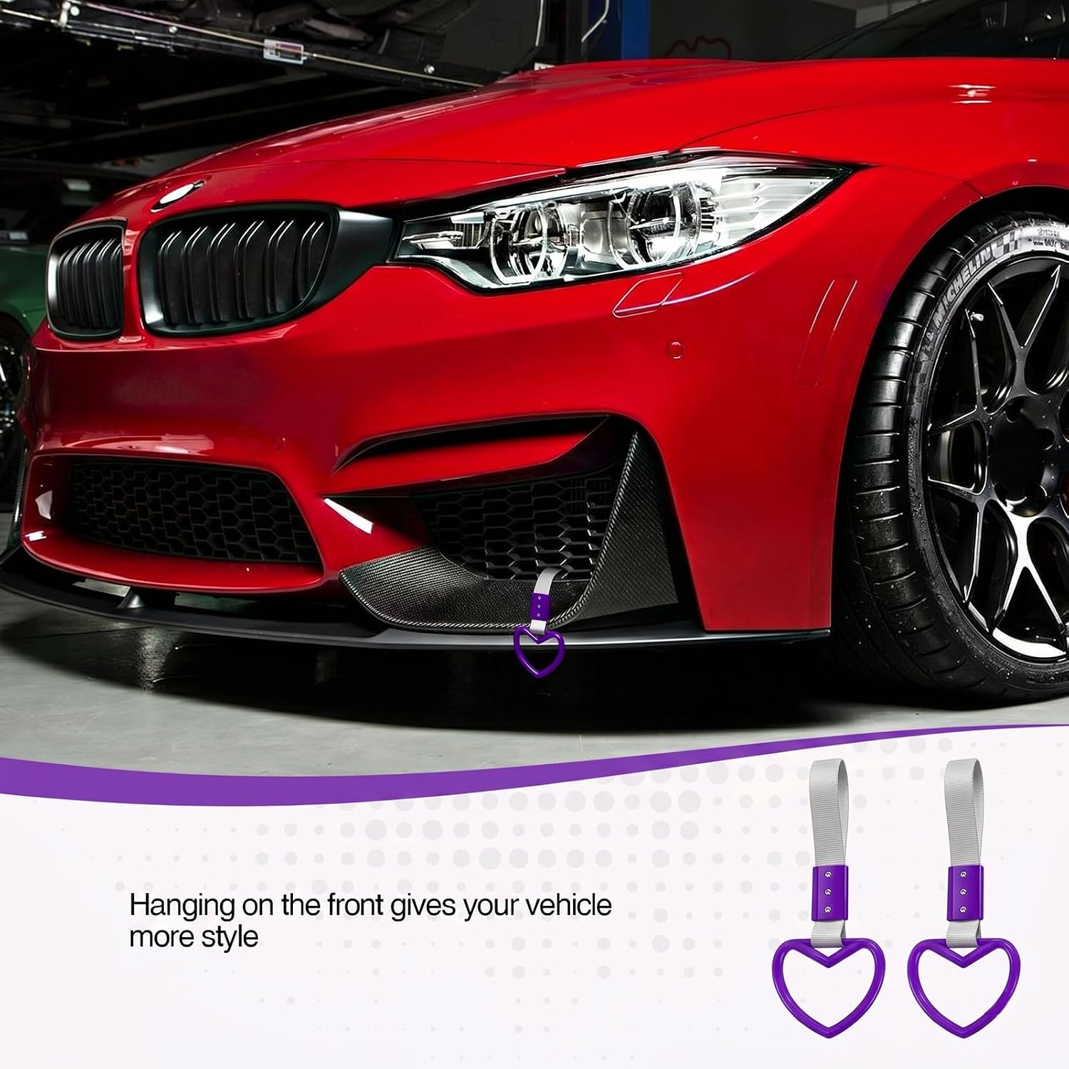 2PCS Heart Shaped Car Handle Straps, Rear Bumper Warning Keychain Ring for Car Exterior Accessories (Purple-Silver) image 5
