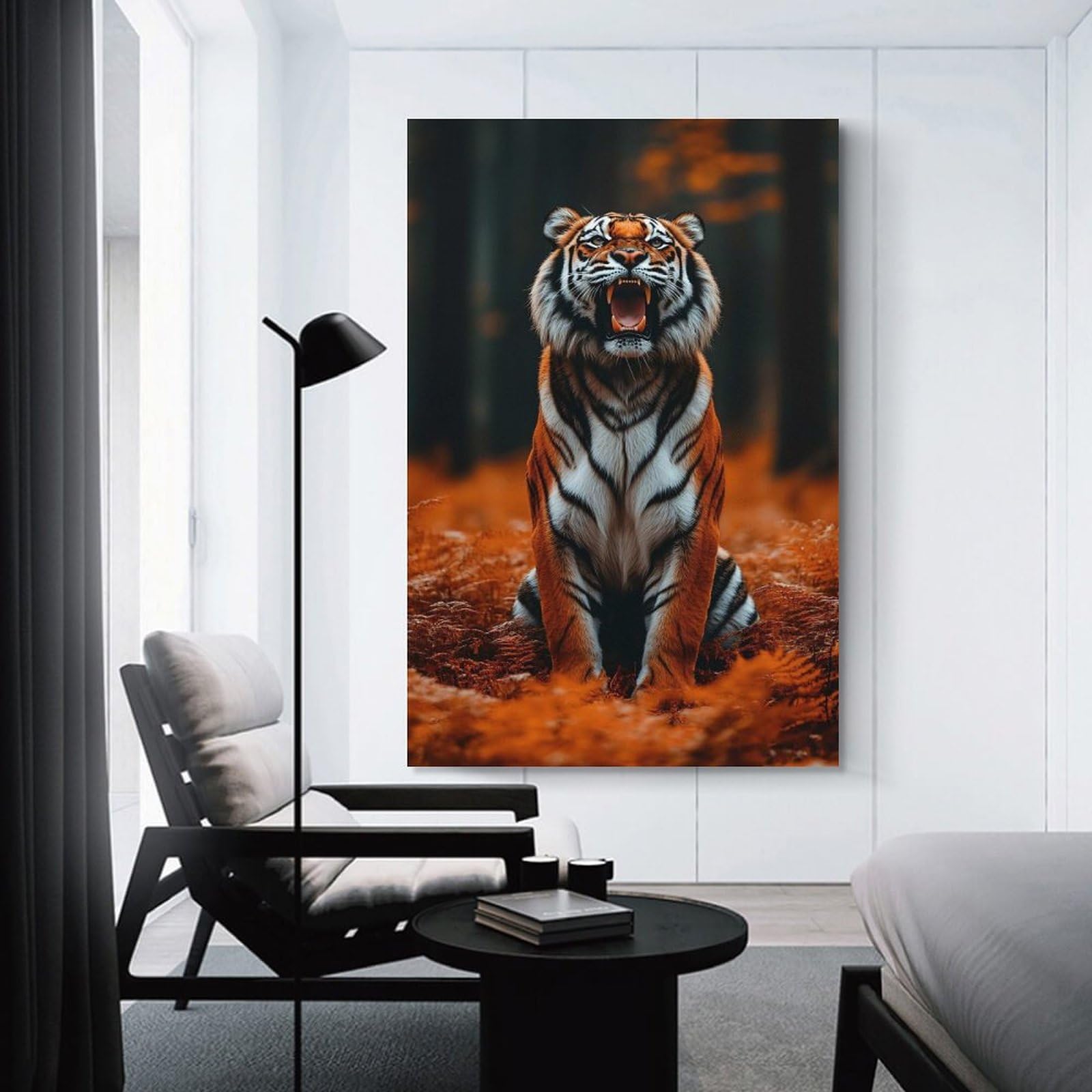Junmoney Canvas Art Print Roaring Tiger in Autumn Forest, 24x36inch(60x90cm), for Feature Walls in Flats Or Modern Rooms, Wall Decor Suited to Curated Displays