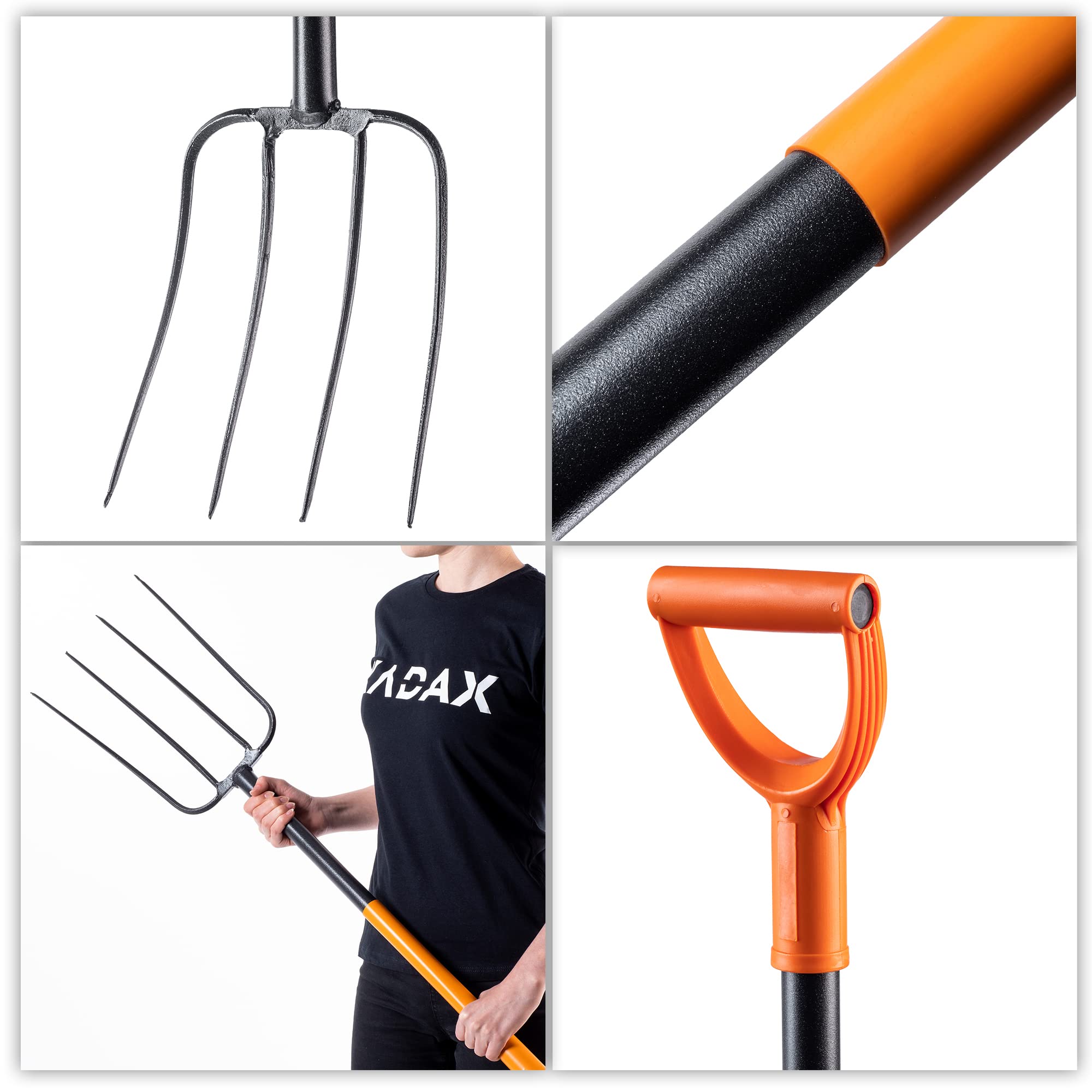 KADAX Fourche à bêcher en Acier, 132 cm de Long, Fourche à Foin, Fourche à bêcher, Fourche de Jardin Ergonomique, Fourche à fumier, Fourche avec poignée en D, Fourche de Jardin (4 Dents, Noir/Orange)