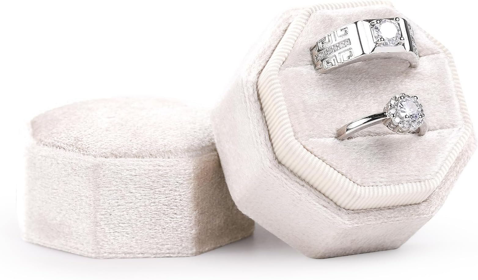 Etercycle Velvet Ring Box, Octagon Gorgeous Vintage Double Jewelry Ring Gift Box with Detachable Lid for Proposal Engagement Wedding Ceremony (Beige)