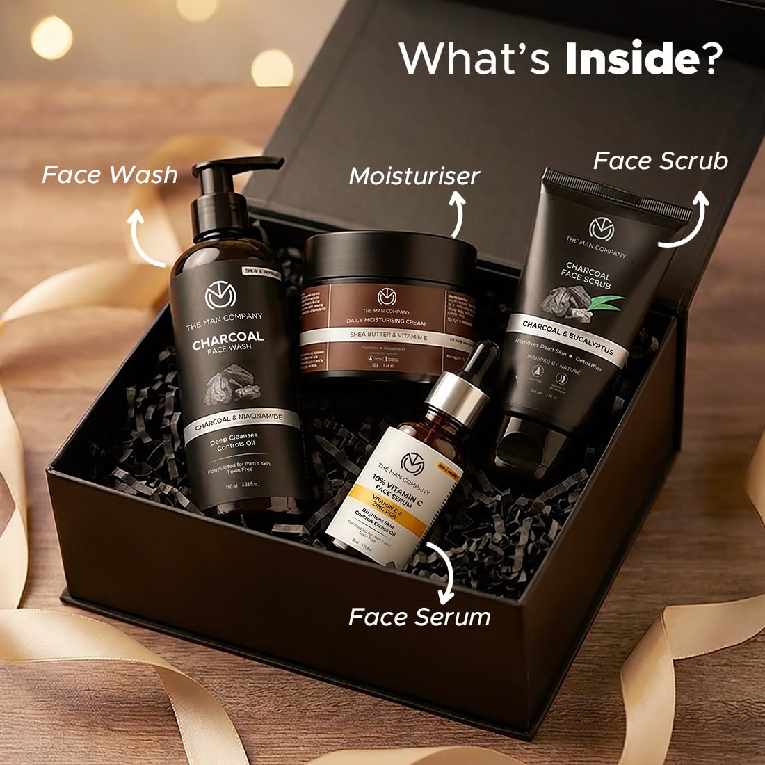 The Man Company Kit viso Face on Point con siero alla vitamina C, detergente viso e scrub viso al carbone, crema idratante quotidiana, pelle morbida ed elastica, set regalo per lui