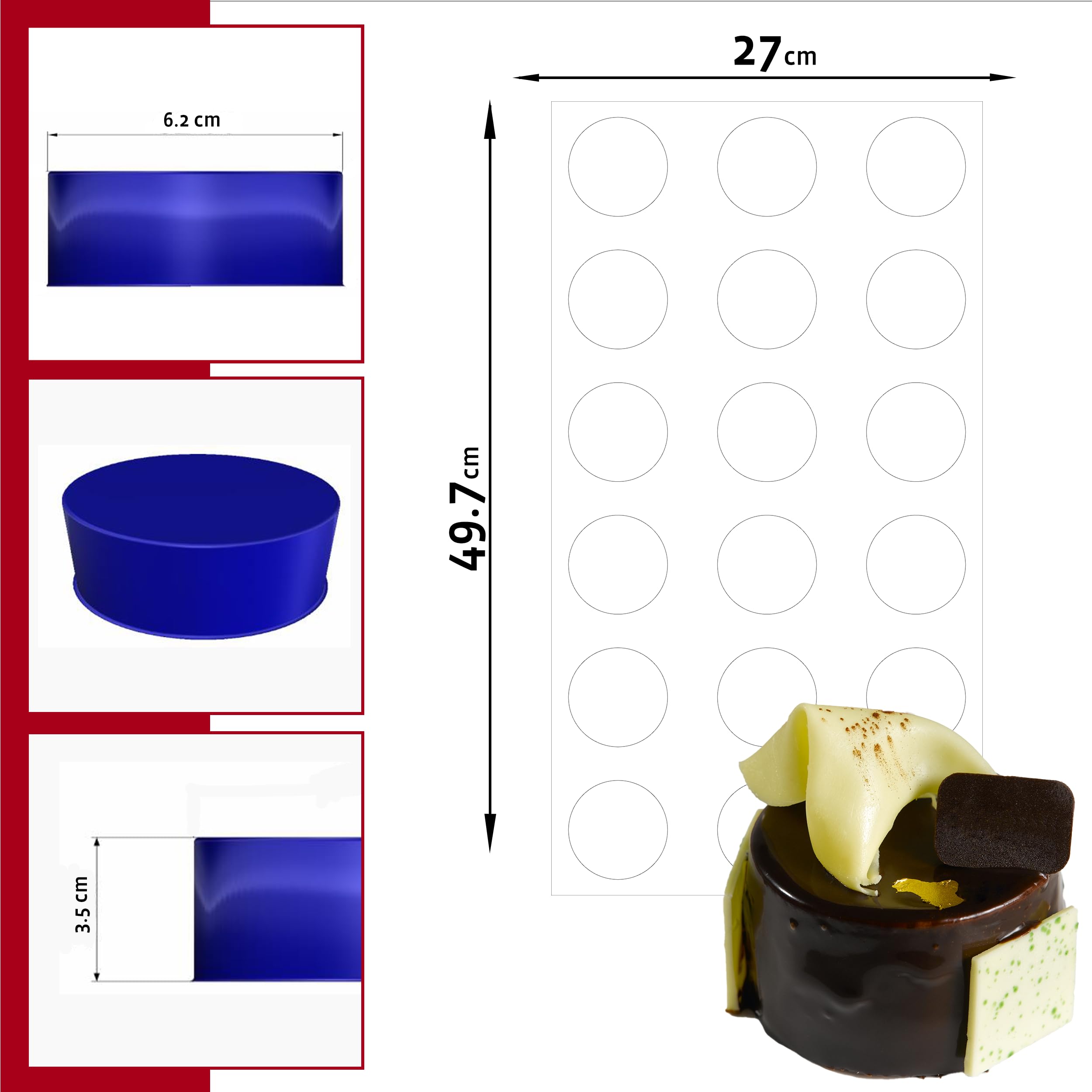 Maé, GN1/1 Molde cilíndrico de silicona de 18 celdas Ø62X35 mm, 108 ml, Fabricado en Francia, 27x50 cm