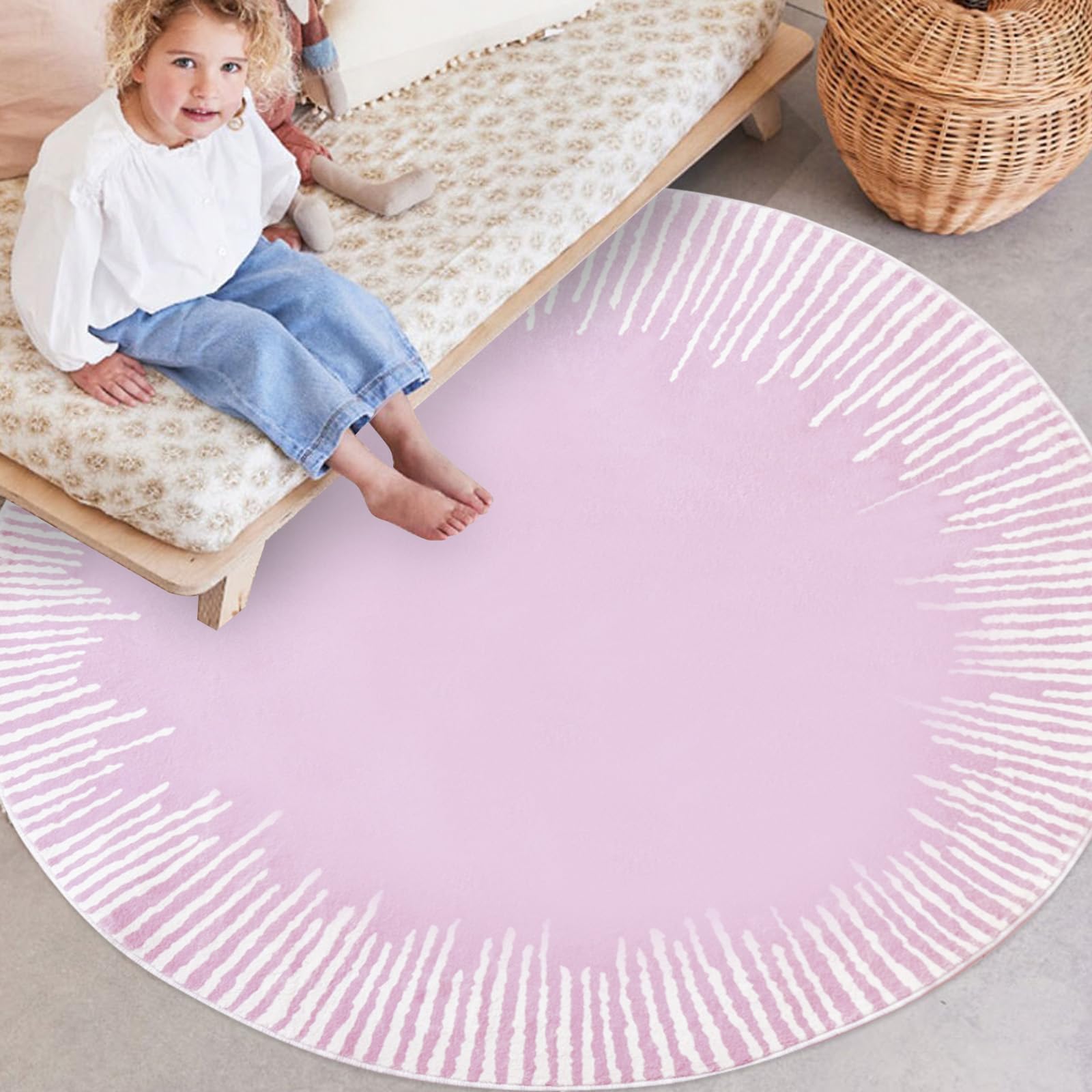 Lacomfy Kids Rug 4Ft Round Girls Rug Circle Modern Abstract Area Rug Cartoon Sunshine Rug Nonslip Bedroom Carpet for Kids Girls Room Sun Floor Mat Throw Rug for Indoor Home Decor, Purple