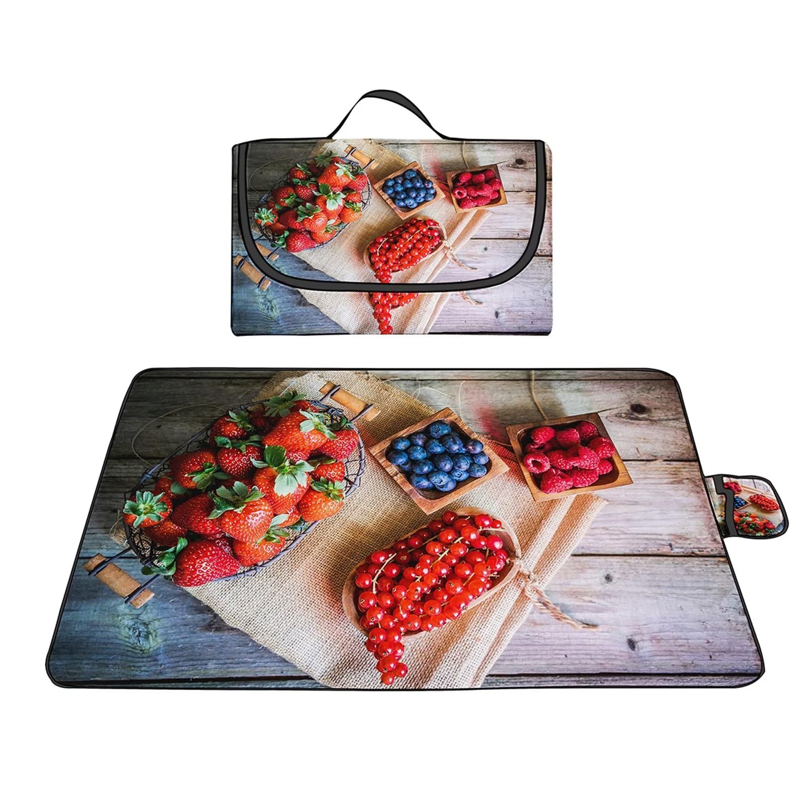 Couverture Pique-nique Imperméable 150x200cm,Couverture Plage Extérieure XXL Tapis de Plage,Fruit fraise myrtille Camping Couverture étanche Pique-nique avec Poignée pour Camping Randonnée Parc Plage