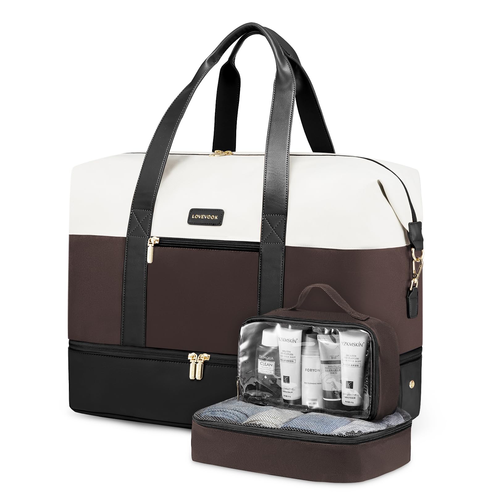 Weekender Bag, Large Travel Duffel Bag for Women with 2 Packing Cubes, Carry on Overnight Bag with Shoe Compartment, Mom Hospital Bags for Labor and Delivery, White-Coffee-Black, 56L-3Pcs,