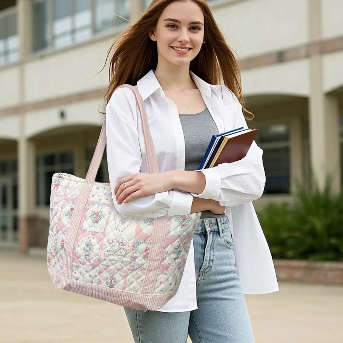 Sunwel Fashion Women Top Zipper Large Floral Quilted Tote Bag for Work Travel Gym Shopping - Image 2