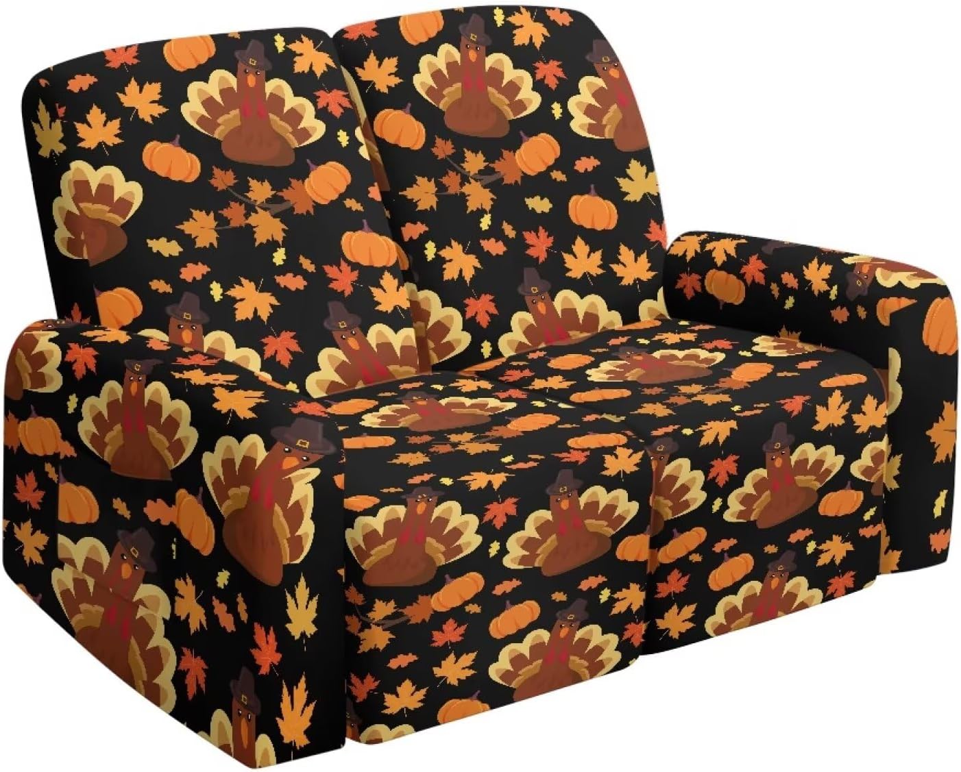 Reclining 2 Seater Covers, Turkey Maple Leaf Reclining Loveseat Slipcover, 6-Piece Stretch Recliner Sofa Covers with Side Pockets, Furniture Protector Cover for Pet Kid, Washable