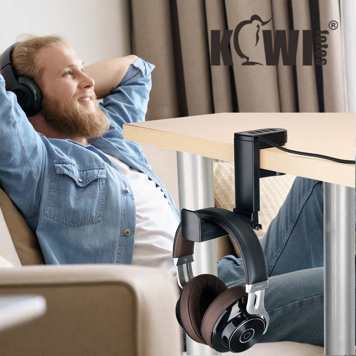 KIWIFOTOS 2-in-1-Kopfhörerständer unter dem Schreibtisch mit 4 Anschlüssen USB-Hub-Organizer, Headset-Halter, Kopfhörerhaken, Aufhänger für Schreibtisch, PC-Gaming-Zubehör - Schwarz