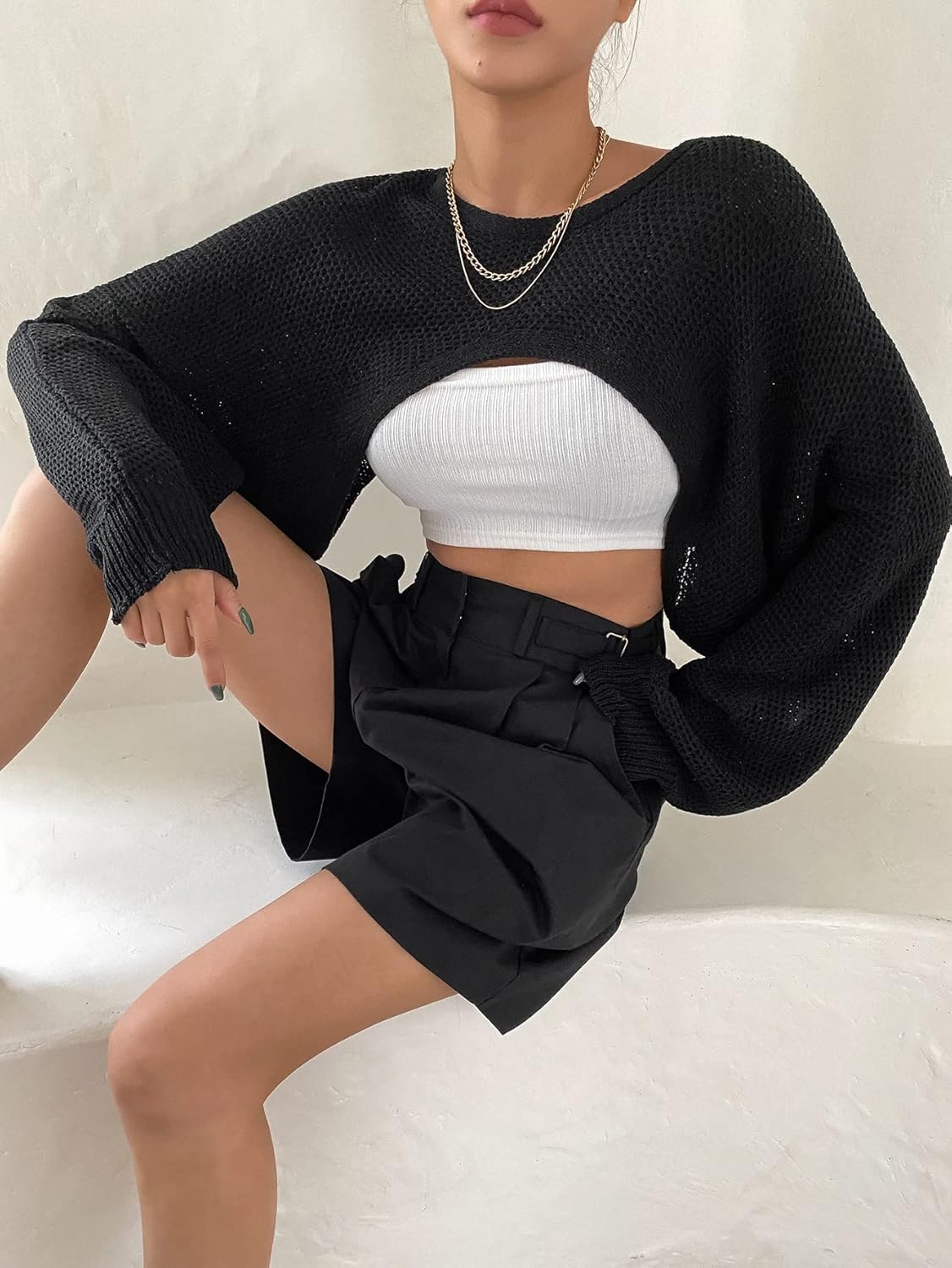 Women's Sweater 1pc Batwing Sleeve Shrug Sweater Sweater for Women (Color : Black, Size : X-Large)