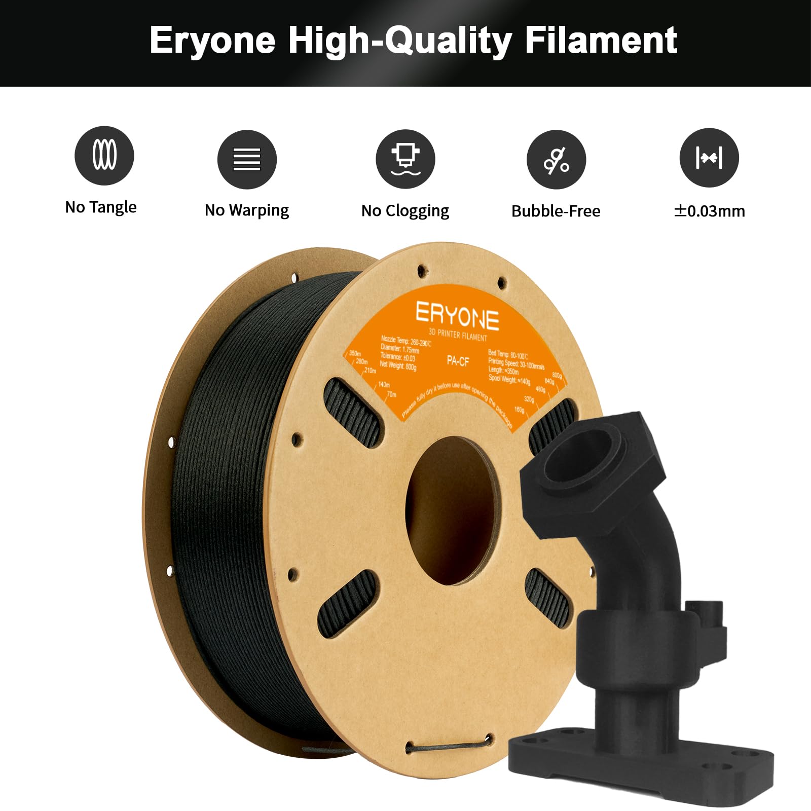 ERYONE Filament z włókna węglowego 1.75mm +/- 0.03mm, filament do druku 3D, pasuje do większości drukarek FDM, nylon PA6 CF czarny, szpula 800 g