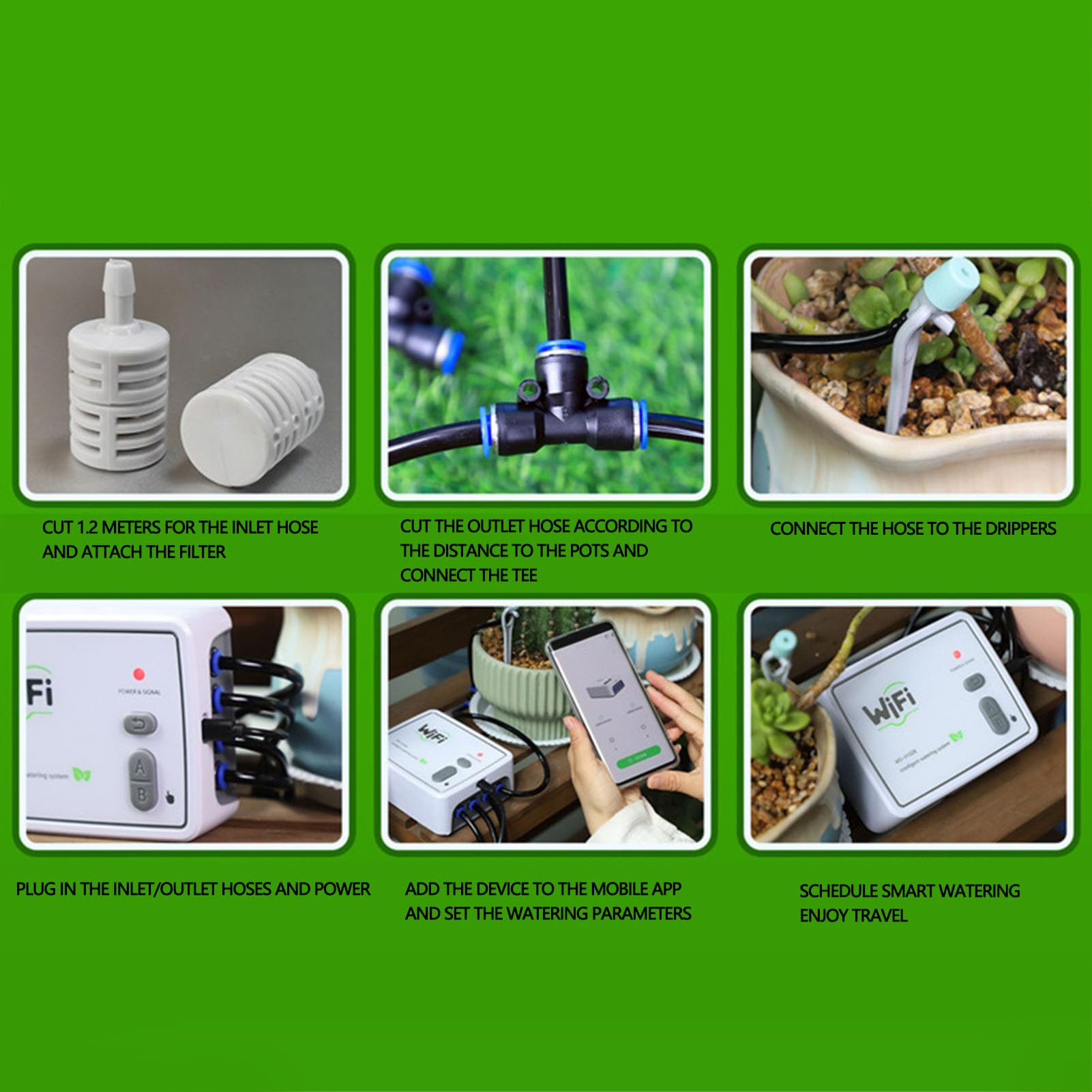 Kit di Irrigazione a Goccia Automatica WiFi, di Irrigazione a Goccia con Controllo APP a Doppia Pompa con Gocciolatori Regolabili con Timer, Tubo da 15 M per 20 Piante in (Spina europea)